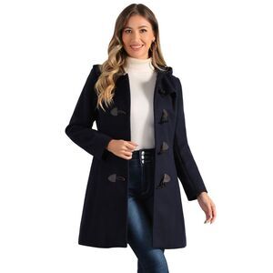 Winter Overcoat Mid-thigh Hooded Toggle Duffle Long Coat Dark Blue